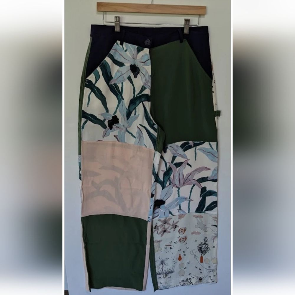 Tory Burch 100% Silk Floral Wide-Leg Cargo Patchwork Trousers Pants Size 6 - Picture 2 of 16